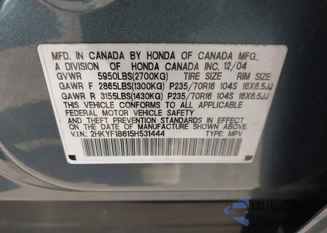 2005 Honda Pilot Ex-L from USA, damaged, VIN 2HKYF18615H531444